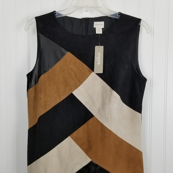 Chicos NWT Pieced Short Dress Sleeveless Color Block Faux Suede Brown Size 0 S/4 - Picture 8 of 14
